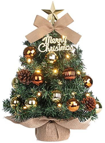 Mini albero di Natale con illuminazione a LED, da tavolo, decorato artificialmente, per decorazioni natalizie, 40 cm, colore marrone con oro
