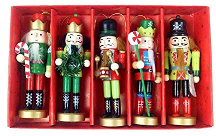 URMAGIC Christmas Nutcracker Ornaments Set(5 Pcs),12cm Tall Wooden Xmas Nutcracker Figurines,Mini King and Soldier Figurines,Xmas Tree Hanging Ornament Set,Christmas Decoration Presents