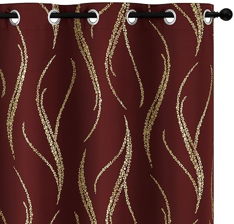 Yakamok Blackout Curtains 84 inch Length Living Room Thermal Insulated Gold Wave Line Dots Pattern Curtains Room Darkening Grommet Curtains for Bedroom, Burgundy, W52 x L84-inch, 2 Panels