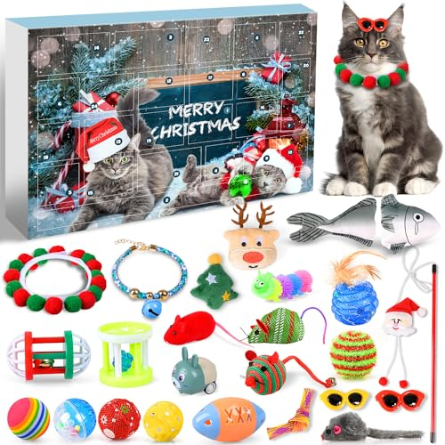 iZoeL Cat Advent Calendar 2025 Christmas Interactive Toys for Indoor Christmas Gifts Collars Bow Tie Feather Toys Fish Fake Mouse Bell Balls for Cat Lover Gifts