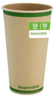 Responsible Products 20 oz Paper Hot Cups, Tree-Less™ Compostable Paper Coffee Cups, Extra Strength, Tree-Free and Made Without PFAS, Natural Brown (50 Count)