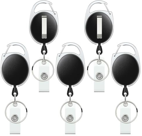 Uniclife 5 Pack Carrete retráctil para porta credenciales Llavero retráctil de alta resistencia Carcasa de ABS fuerte con bobina resorte acero inoxidable 60 cm nylon Cuerda Mosquetón Clip y llavero