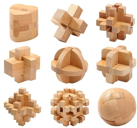 Holzsammlung 3D Denksport-Puzzle aus Holz, 9 Stück Klassisch Holzspielzeug Knobelspiel Geduldspiel Intelligenz Pädagigisches Gehirntraining Spielzeug Logikspiel für Kinder und Erwachsene#D