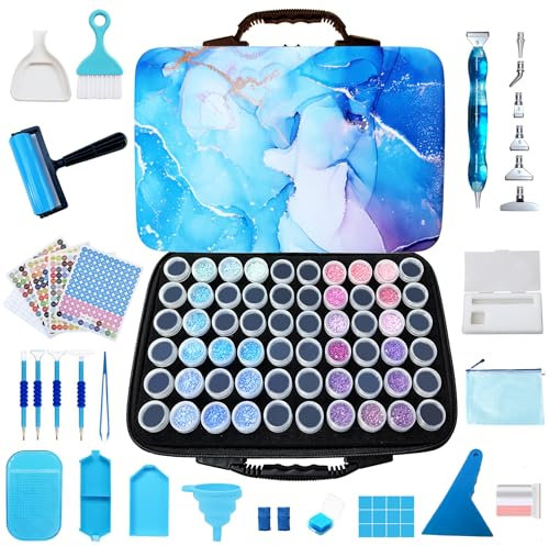Fokenzary Aufbewahrungsbehälter für Diamantmalerei, 60 Fächer, Diamant-Malerei-Kits, Zubehör und Werkzeuge, tragbar (blau)