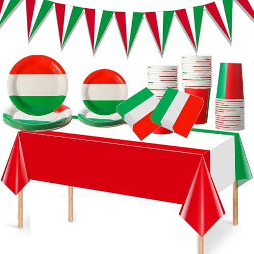 Italian Flag Party Supplies Set - Tableware With Banner, Plates, Cups, Napkins, Tablecloth - Red, White and Green Favors for Italy Family Gathering - Kitchen Dining Serves 20 Guests