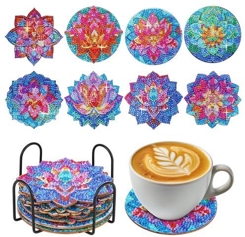Kssvz 8 Stück Diamond Painting Untersetzer mit Haltern, Tassenuntersetzer Diamond Painting Erwachsene, DIY Basteln für Erwachsene, Kinder, Anfänger