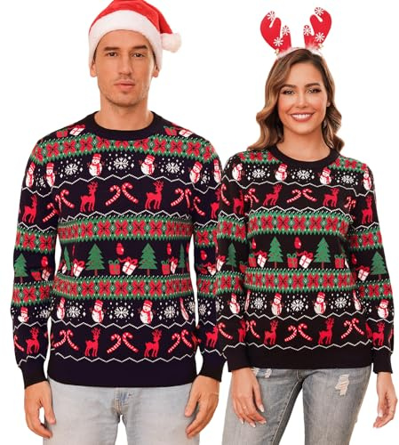 Totatuit Suéter de Navidad Hombre Jersey Navideño Invierno con Reno y Muñeco de Nieve Manga Larga Ropa de Punto Cálida y Cómoda para Fiestas Negro，M