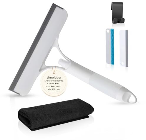 NOVARKA® Kit Premium de Rasqueta Limpiacristales Multifuncional 3 en 1 con Rasqueta de Silicona Extra para Rincones | Limpia Cristales para Mamparas de Ducha y Ventanas Que Incluye Gancho y Bayeta.
