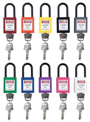 10 candados de seguridad de nailon de 38 mm con llave, bloqueo de bloqueo para estaciones y dispositivos (10 colores)