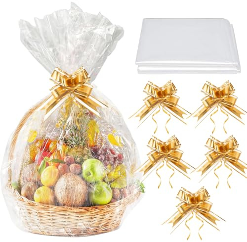 QEDBOJE 5 piezas Bolsas de Celofán Grandes, Bolsas Transparentes para Regalos, Papel Celofán con Cinta de Arcos y Cierres de Alambre para Cestas, Ramos, Manualidades y Envoltorio (60 x 90 cm)