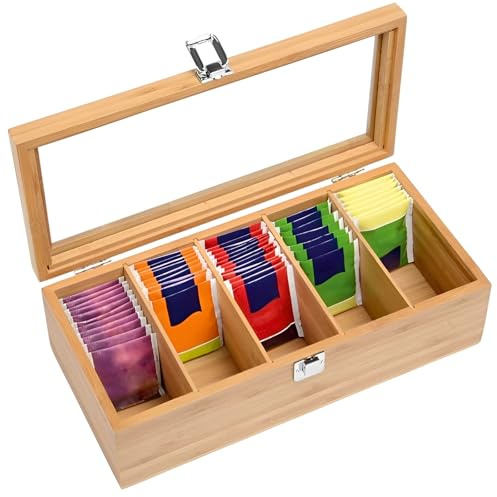 Eyoulife Teebox 30 x 10 x 9cm 5 Fächern, Teebeutel Aufbewahrung mit Transparente Abdeckung Metallschnalle Schutzbeschichtung, Teekiste Robust für Teebeutel Kaffeebeutel