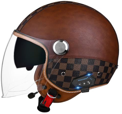 Casco Da Moto Jet Retrò Con Bluetooth, Casco Da Moto Vintage In Pelle 3/4 Con Doppia Visiera, Casco Da Ciclomotore Per Adulti, Certificato ECE, Caschi Per Uomo E Donna A1,M=54-57CM