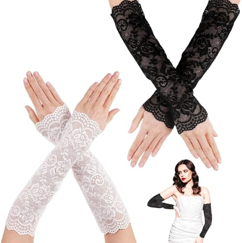 FMPXYYA 2 Paar Lange Fingerlose Spitzenhandschuhe Damen – Ellenbogenlange Florale Spitzenhandschuhe Weiß & Schwarz – Elegante Handschuhe für Hochzeit, Braut, Teeparty, 1980er Jahre Party, Abschlussb