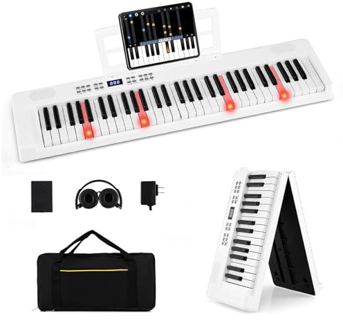 DREAMADE Piano 61 Touches Pliable, Clavier Électronique avec Fonction MIDI, Casque&Pédale de Sustain, Piano Numérique Portable avec Sac de Transport pour Débutants (Blanc)