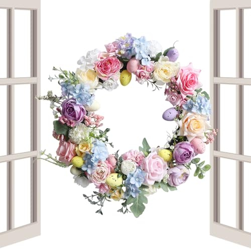 Couronne de Pâques – Décoration avec fleurs artificielles pour fêtes de printemps, guirlande imitation pour Pâques – pour porche salon, balcon, patio, jardin, maison, maison, mur, fenêtre