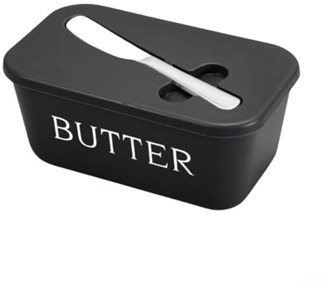 BlesConi Beurrier avec couvercle rainure et spatule, grand récipient à beurre en plastique pour le rangement de la cuisine, facile à ramasser, passe au lave-vaisselle (noir)