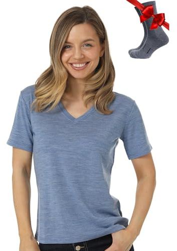 Merino.tech 100% Merino Shirt Damen V-Ausschnitt Outdoor + Wollsocken | Schnelltrocknend, Atmungsaktive Merino Tshirt Damen, Geruchshemmend, Frisch, Thermo Sportshirt, für Wandern & Alltag