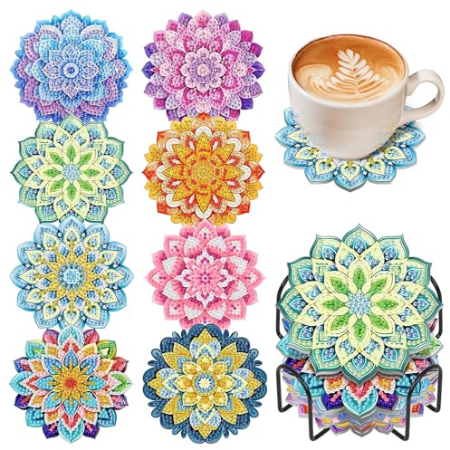 OkarinaArt 8 Stück Mandala Diamond Painting Untersetzer mit Halter | Diamant Painting Untersetzer Set mit Korkunterseite, Rutschfeste Acryl Tassenuntersetzer, Bastelset für Erwachsene & Kinder