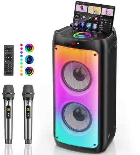 HWWR Karaoke Maschine mit 2 Mikrofonen ohne Verzögerung, groß Karaoke Anlage Partybox mit Echo-Einstellung und kräftigem Bass, unterstützt TWS/TV, Karaoke Box für Familienpartys und Grillabende