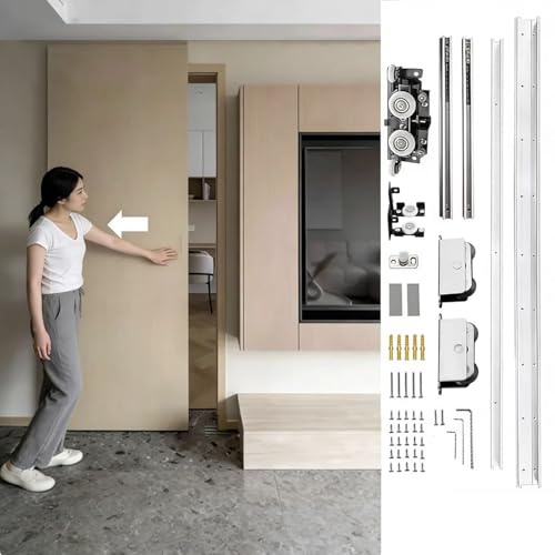 Sliding Door Kit Invisible Sliding Barn Door Hardware Kit, Soft Close Mechanism Hidden Ghost Door Track, Wall Mount Aluminum Rail for Interior Wooden Door