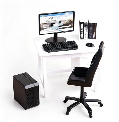Zunate Ensemble de Bureau d'ordinateur de Bureau Miniature à l'échelle 1:12 Blanc, Mobilier de Décoratif pour Maison de Poupée avec Chaise, Clavier d'ordinateur, Accessoires de Modèle de