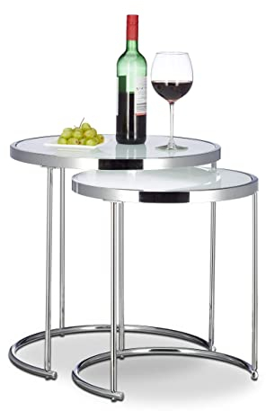 Relaxdays Satztische rund, Chromgestell, 2er Set, modernes Design - Milchglas, Couchtisch Metall, Beistelltische, silber, 50 x 50 x 51 cm
