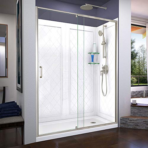 DreamLine Flex 30 in. D x 60 in. W x 76 3/4 in. H Semi-Frameless Shower Door in Brushed Nickel with Right Drain Base and Backwalls, DL-6227R-04