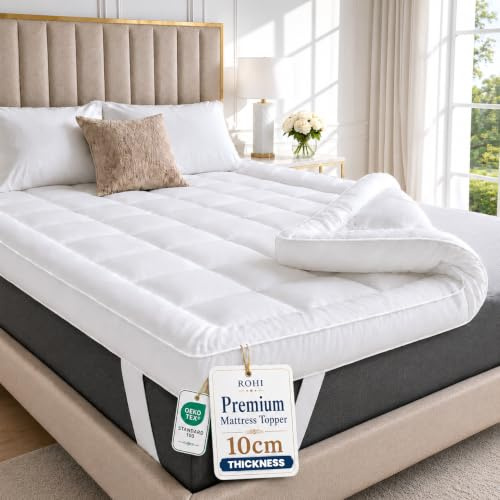 Rohi Luxury 10cm Thick Double Mattress Topper (137 x 190cm) | Hotel Quality Microfibre Quilted Mattress Topper | Hypoallergenic Extra Comfort Bed Topper | Elastic Cuffs Secure Fit