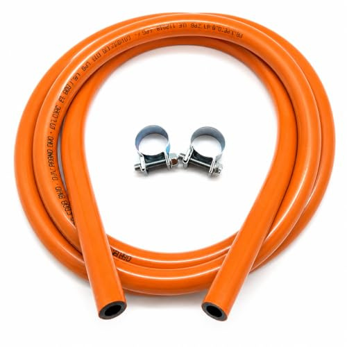 Tuyau flexible butane | Tuyau pour gaz propane butane | Comprend des pinces | Diamètre intérieur 9 mm | 1,5 mètres | Approuvé | Orange
