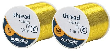 Korbond Hilo de coser de 320 m, 2 bobinas de 160 m, poliéster dorado, costura a mano y a máquina