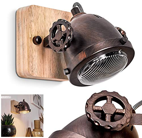 HOFSTEIN Wandleuchte Herford, verstellbare Wandlampe aus Metall/Holz/Glas in Braun/Kupfer/Natur, 1-flammig, 1 x GU10 Fassung, Wandspot im Retro/Vintage Design, ohne Leuchtmittel