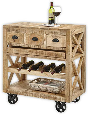 Stella Trading Vintage Barwagen Massivholz Mango mit herausnehmbaren Tablett - Praktischer Servierwagen für Küche, Wohn- & Esszimmer - 86 x 93 x 46 cm (B/H/T)