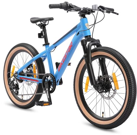 BIKESTAR Kinder Fahrrad Aluminium Mountainbike 7 Gang Shimano, Scheibenbremse ab 6 Jahre | 20 Zoll Kinderrad MTB | Blau Orange