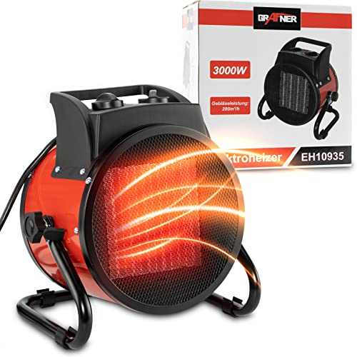 Grafner XXL Keramik Heizlüfter mit 3000 Watt 3KW, 3 Heizstufen, automatischer Thermostat, kraftvoller Turbo Heizer, PTC-Element, Überhitzungsschutz, Bauheizer elektrisch, Elektroheizung, Zeltheizung