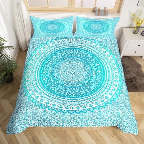 Teal Mandala Bedding Set Twin Size for Kids Boys Bedroom,Hippie Mandala Bed Duvet Cover Set,Psychedelic Comforter Cover Art Bohemian Decor 2 Pieces 1 Duvet Cover with 1 Pillowcase No Comforter