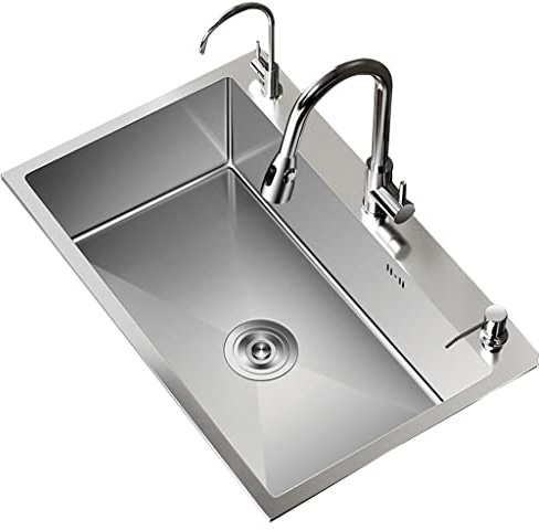 Silver Square Sink Kitchen Stainless Steel Sink Multi-Size Single Sink with Faucet Undercounter, Overcounter Basin Washbasin Balcony Sink(65 * 45 * 20cm)