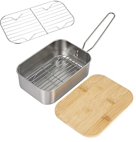 VALINK Lunch Box, Stainless Steel Camping Bento Box W/a Folding Handle Food Containers W/bamboo Lid for Outdoor Camping Backpacking Cooking Metal Lunch Box