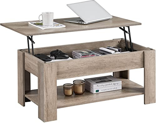 Yaheetech Lift Up Coffee Table, Wooden Lifting Coffee Table with Hidden Storage Drawer and Open Shelf, Space-saving Tea Tables for Living Room/Reception, Gray