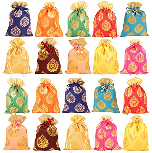 Touchstone Drawstring Bags Traditional Indian Handcrafted in Ficus Leaf Pattern Brocade fabric. Perfect for Gifts Jewelry Weddings Sweet Distribution Set of 20 Vibrant Multicolor Pouches Purses Potli
