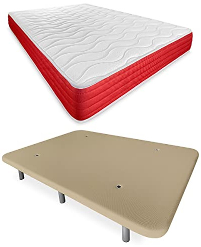DUÉRMETE ONLINE Cama Completa con Colchón Lite Reversible con Base Tapizada Reforzada 6 Patas, Beige, 105 x 190 cm