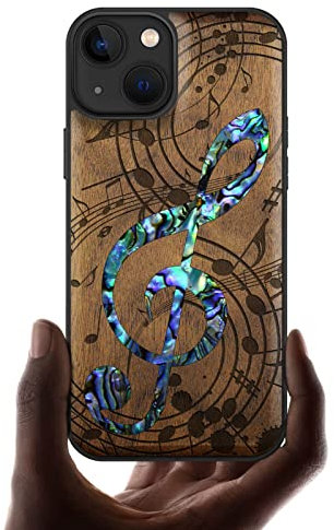 Carveit Coque magnétique pour iPhone 13 Étui Luxe [Gravure en Bois et Incrustation de Coquille] Compatible avec 13 Magsafe Artistique Coque (Noyer-Note Musicale)