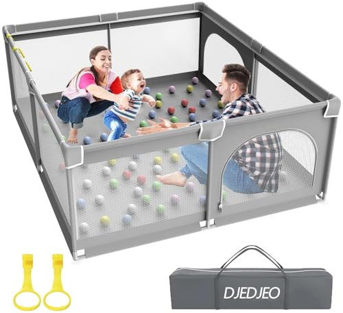 DJEDJEO Parque Infantil Bebe, 150x180cm Corralito Bebe, Parque Infantil de Tela Oxford, Parque de Juegos con Puerta con Cremallera, Parque Bebe Plegable con Malla Transpirable y Vayas con Protecciones