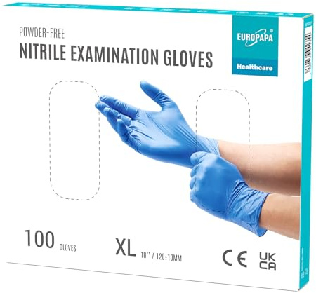 EUROPAPA® Lot de 100 gants jetables, en nitrile, à usage unique, adaptés pour examen, non poudrés, sans latex, non stériles, taille XL, bleu océan