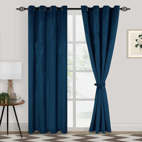 XWZO Velvet Curtains 90 Inches Long - Thick Room Darkening Grommet Window Curtain Panels for Bedroom/Farmhouse/Patio Door with Tiebacks, Navy Blue, W52 x L90, Set of 2