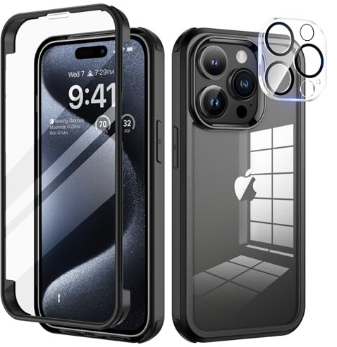seacosmo for iPhone 15 Pro Case with Tempered Glass Screen Protector, Black | Full Body Shockproof Protection Armour Cover, Camera Lens Protector, Slim Fit Bumper Dual Layer Protective Rugged Phone Case