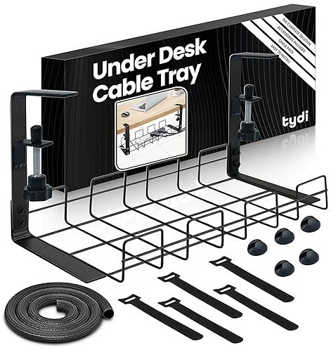 Tydi Cable Management Under Desk - 1x Trays, 40 cm Long Cable Tray Under Desk for Wire Management - Keep Desk Cable Tidy & Neat Looking - Under Desk Cable Management Tray - No Drill Easy Installation