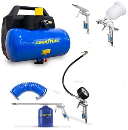 Goodyear - Compresor 6L+ Kit 5 Accesorios, sin Aceite. 210 litros/minuto Capacidad de Aspiración. 3600 RPM. 8 bares. Válvula de Seguridad CE. Uso Doméstico DIY