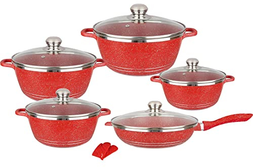GLJTUO Cooking Pot, Nonstick Cookware Sets Granite Cooking Pots And Pans With Glass Lids,Marble Coated Aluminium Home Kitchenware With Saucepans,Frying Pan,Stock Pot,10 Piece (Red Variety Pack)