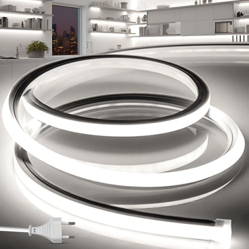 BRIMETI Streifen LED 230V 5M 6000K Weiß Neon LED Strip Aussenbereich IP65 Wasserdicht Outdoor Lichtband Silikon Aussen Schlauch 120LED/M Lichtleiste Band für Innen Heim Küche mit Netzteil