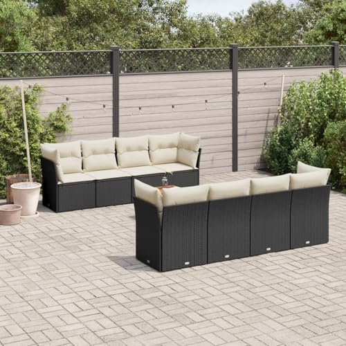 LAPOOH 9-TLG. Garten-Sofagarnitur mit Kissen Schwarz Poly Rattan, Lounge Gartenmöbel Set, Möbelsets, Balkon Möbel, Gartenlounge, Gartensofa - 3255853